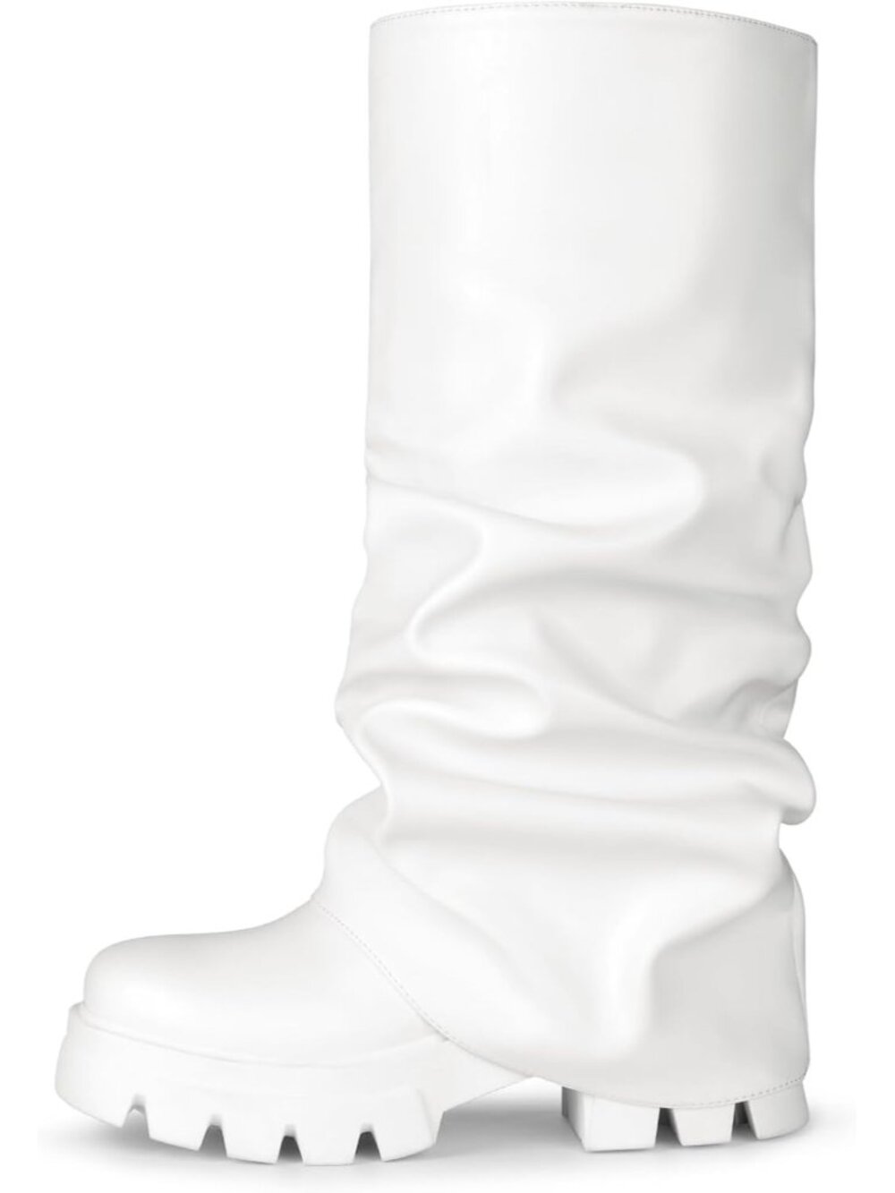 Women's White Platform Fold Over Slouch Mid Calf Fashion Y2K Knee High Boots - Picture 1 of 7